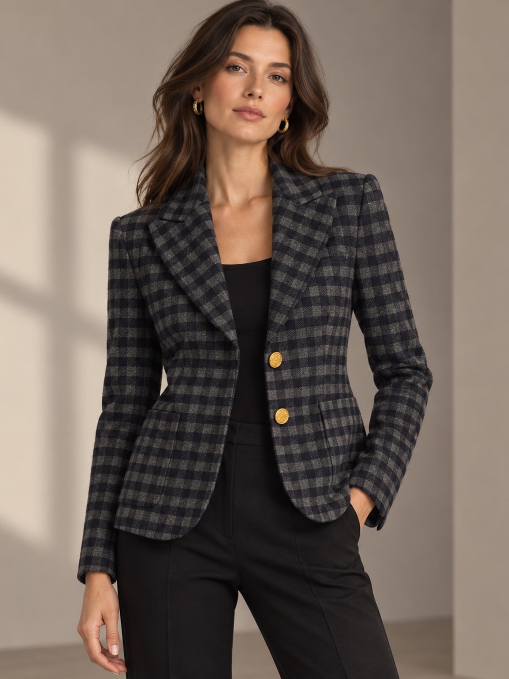 Smythe Wool-Blend Plaid Tailored Blazer - Black & Gray, 2